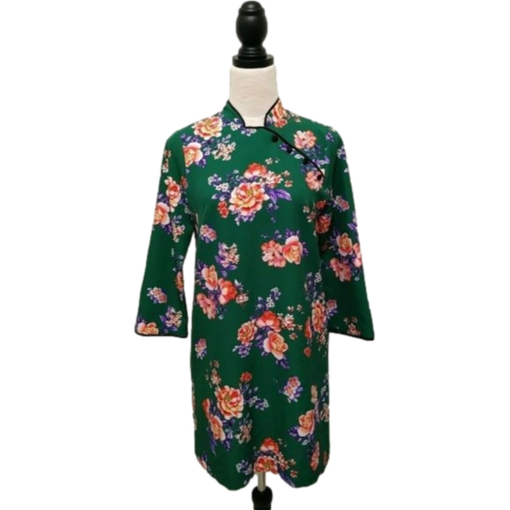 ZARA WOMAN Cheongsam Mini Dress Mandarin Collar Green Floral Size Small - Picture 2 of 8